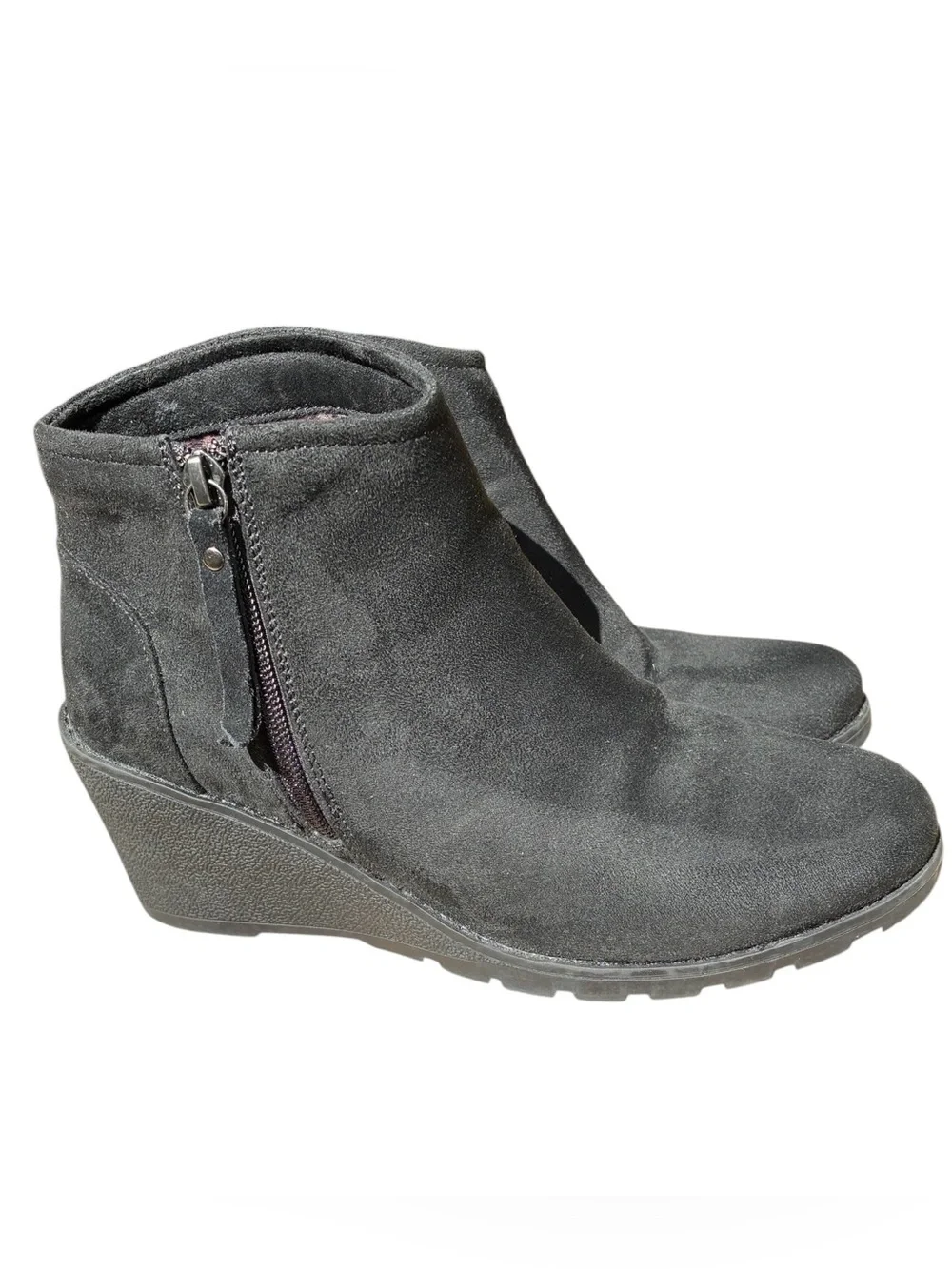 Bobs by Skechers, Tumble Weed, Black Suede Wedge Booties, Zip Up, Size 8
